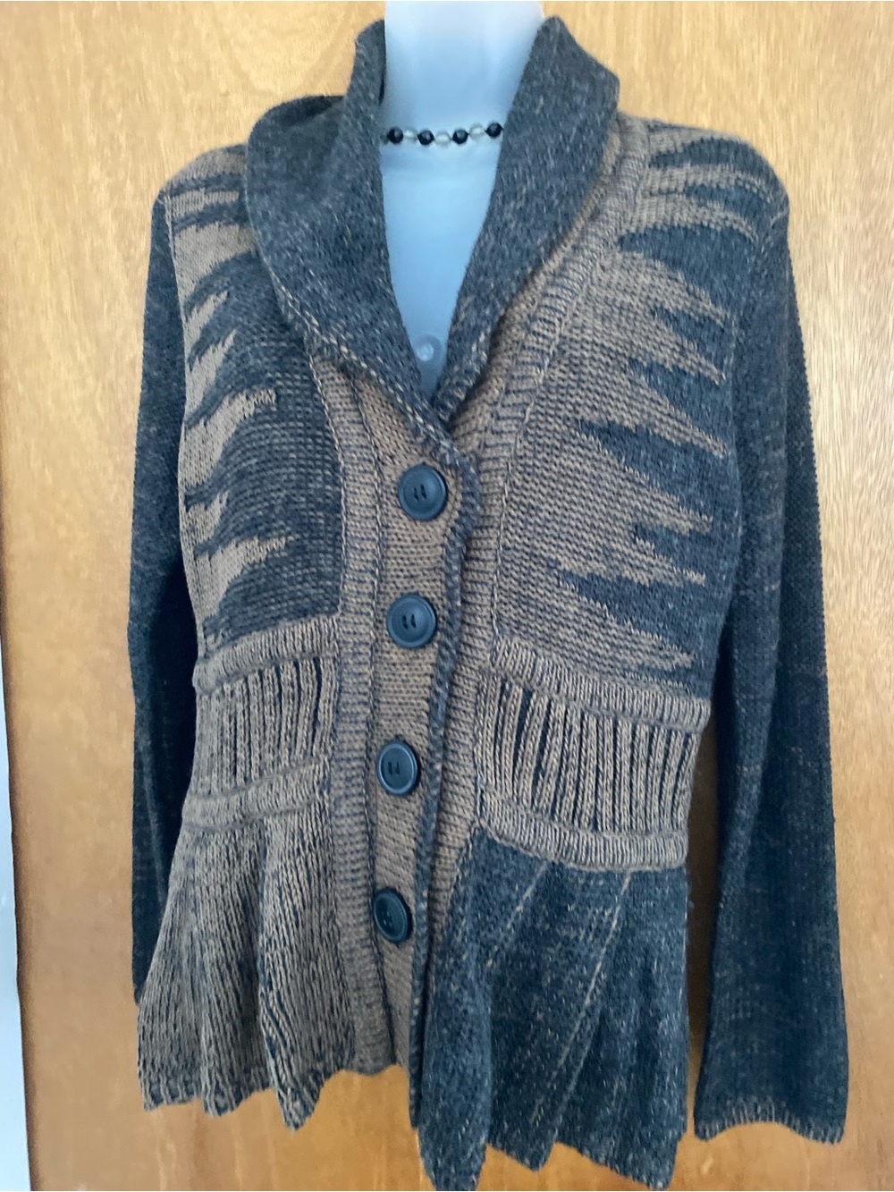 Button-Front Shawl Collar Brown & Gray Knit Cardigan